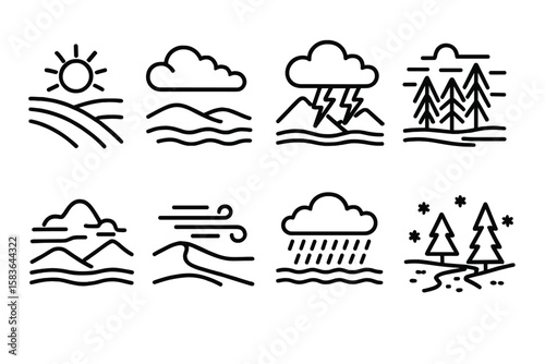 Weather Line Icons. Line style icons of weather in landscape: sunny hill, cloudy sky, stormy valley, misty forest. foggy mountain,