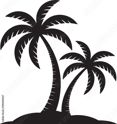 Two silhouetted palm trees standing on a sandy shore