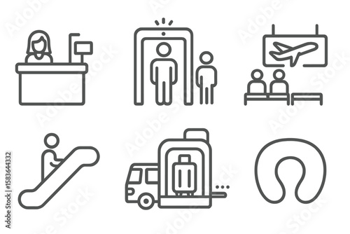 Airport Icons Collection. Line style icons of airport experience: check-in desk, security gate, boarding area, departure sign.