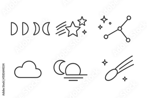 Sky Icons Collection. Line style icons of sky and stars: moon phases, shooting star, star cluster, constellation. cloud cover,