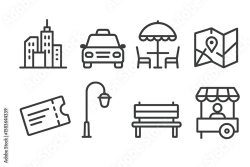City Exploration Icons. Line style icons of city exploration: skyline, taxi, café table, city map. metro ticket, streetlight, park