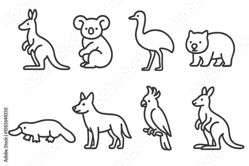 Australian Animal Icons. Line style icons of Australian animals: kangaroo, koala, emu, wombat. platypus, dingo, cockatoo, wallaby.
