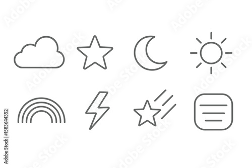 Sky Elements Icons. Line style icons of sky elements: clouds, stars, moon, sun. rainbow, lightning, shooting star, sky gradient.