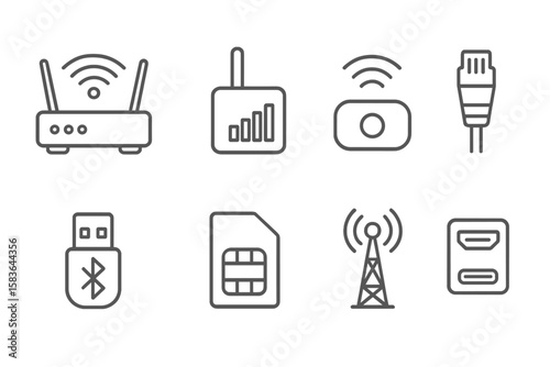 Connectivity Tools Icons. Line style icons of connectivity tools: Wi-Fi router, signal booster, mobile hotspot, Ethernet cable.