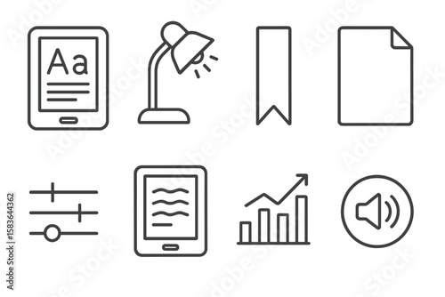 E-Reading Device Icons. Line style icons of e-reading devices: e-book reader, reading lamp, bookmark tab, page marker. adjustable