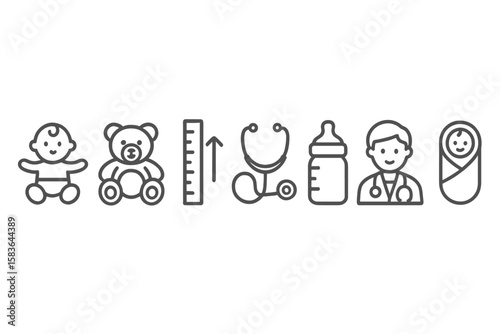 Pediatric Care Icons. Line style icons of pediatric care: baby icon, teddy bear, height chart, immunization. bottle icon, child