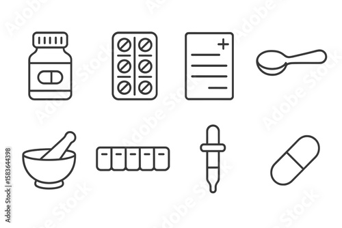 Pharmacy Item Icons. Line style icons of pharmacy items: medicine bottle, blister pack, prescription sheet, measuring spoon.