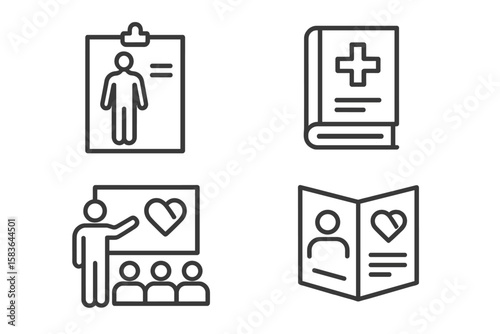 Health Education Icons. Line style icons of health education: anatomy chart, first aid book, health guide, seminar icon. safety
