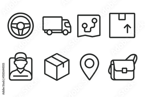 Transportation Job Icons. Line style icons of transportation jobs: steering wheel, delivery truck, route map, package icon. driver