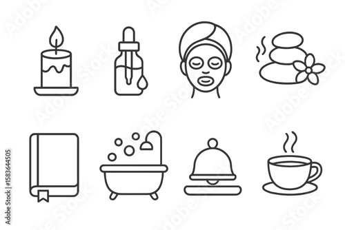Wellness Icons Collection. Line style icons of wellness and self-care: candle, essential oil, face mask, spa icon. journal, bath