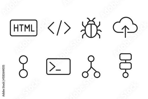Coding Icon Set. Line style icons of coding and development: HTML icon, code brackets, bug icon, Git commit. cloud deploy,