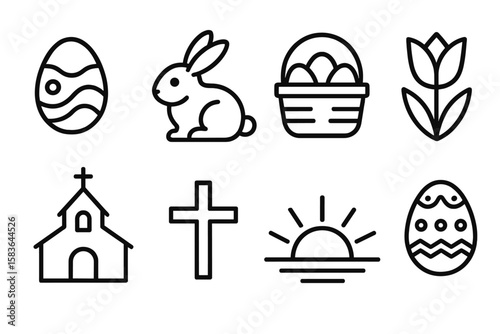 Easter Icons Collection. Line style icons of Easter celebration: Easter egg, bunny, egg basket, tulip flower. church icon, cross,