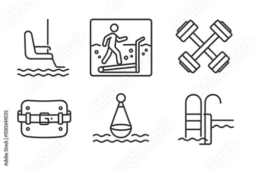 Hydrotherapy Line Icons. Line style icons of hydrotherapy: pool lift, underwater treadmill, therapy jets, aquatic dumbbells. float
