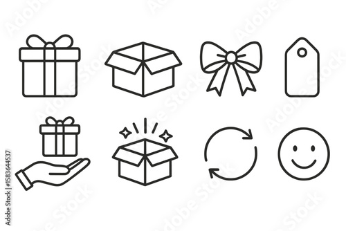 Gift Giving Icons. Line style icons of gift giving: wrapped present, open box, ribbon bow, gift tag. hand with gift, surprise icon
