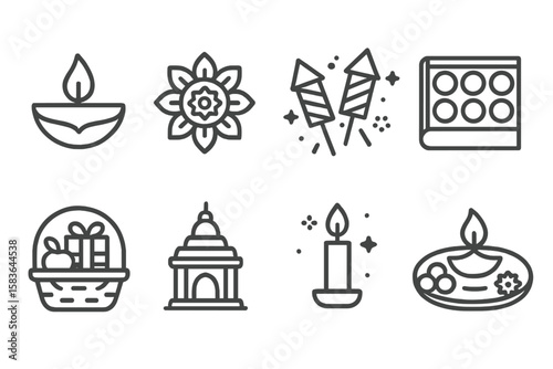 Diwali Line Icons. Line style icons of Diwali festival: diya lamp, rangoli, fireworks, sweet box. gift basket, temple icon,
