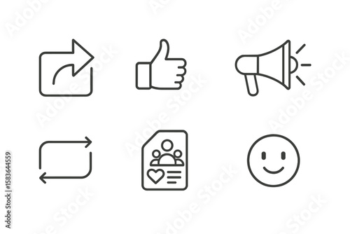 Social Media Icons. Line style icons of social media activism: share post, like button, awareness hashtag, megaphone. retweet icon