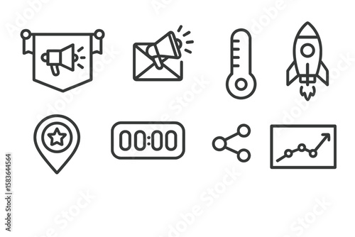 Virtual Campaign Icons. Line style icons of virtual campaigns: campaign banner, email blast, donation goal, launch icon. pin badge