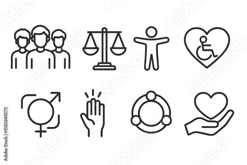 Inclusive Volunteering Icons. Line style icons of inclusion in volunteering: diverse group, equality scale, inclusive symbol,