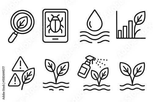 Crop Health Icons. Line style icons of crop health monitoring: leaf scan, pest detector, moisture gauge, nutrient chart. disease