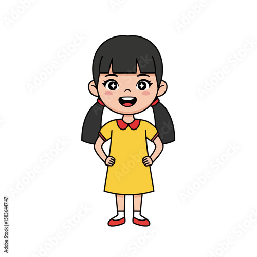 Cartoon Little Girl with Black Hair, Yellow Dress with Heart, Smiling and Standing, Vector Illustration