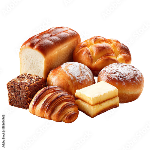 Assortment of baked goods including bread rolls croissant and cake isolated on transparent background