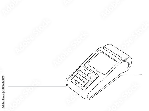 EDC payment device in single outline illustration. Continuous line art drawing of electronic payment device post terminal.