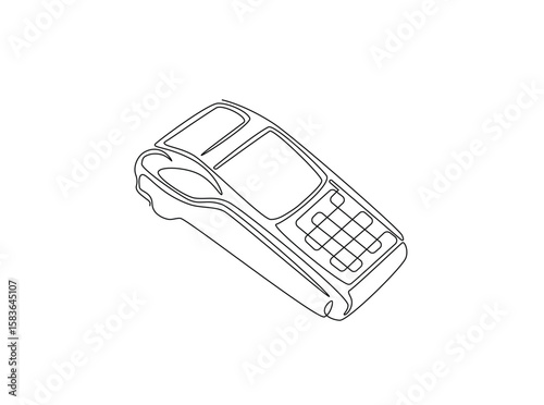 EDC payment device in single outline illustration. Continuous line art drawing of electronic payment device post terminal.