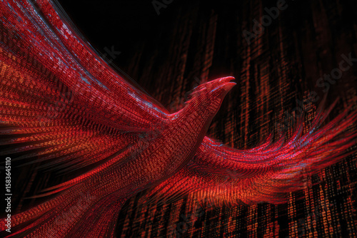 A glowing red digital bird shape made from numerous flowing lines and dots against a dark background, symbolizing technology and data visualization.