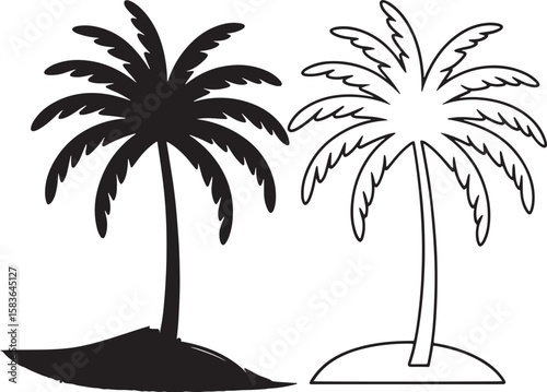 Stylized silhouette and outline palm trees on islands