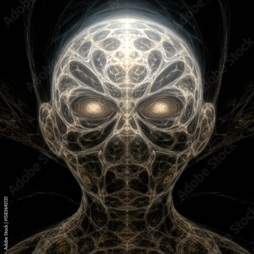 A glowing, abstract humanoid face composed of intricate light patterns and swirling lines against a dark background.