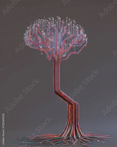 A digital artwork showing a tree formed by interconnected multicolored circuit lines, symbolizing technology and nature fusion.