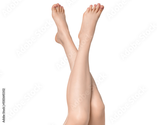 Woman's legs isolated on white background. Well-groomed toes.