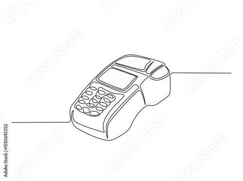 EDC payment device in single outline illustration. Continuous line art drawing of electronic payment device post terminal.