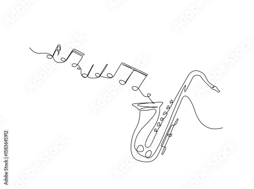 Saxophone with music notes in single outline illustration. Continuous line art drawing of saxophone sound visual.