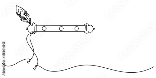 krishna flute continuous one line drawing, krishna flute hinduism line icon vector. krishna flute hinduism sign, flute with peacock feather, Peacock Feather and Flute line art vector design. Peacock.