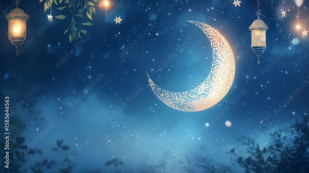 Naklejka premium Celebrating ramadan with a festive crescent moon design night sky digital artwork magical atmosphere serene view islamic culture