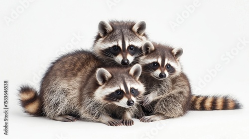 Playful raccoon family masked together in nature wildlife scene captured from a close perspective