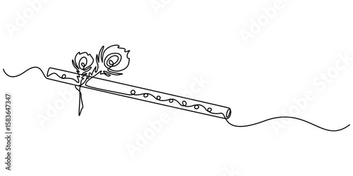 krishna flute continuous one line drawing, krishna flute hinduism line icon vector. krishna flute hinduism sign, flute with peacock feather, Peacock Feather and Flute line art vector design. Peacock.