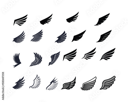 A set of diverse wing silhouettes in various positions and shades of black and gray