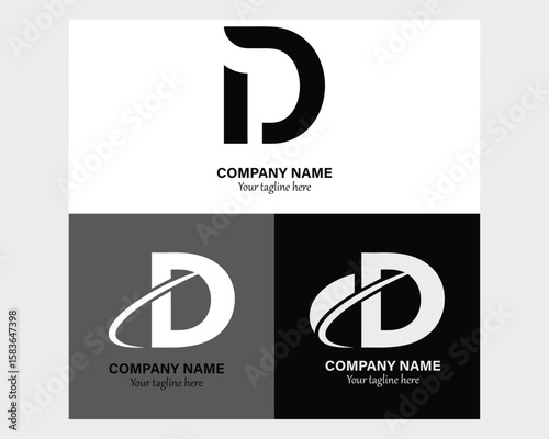 This image displays three variations of a letter D logo, each with a unique color scheme