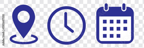 Place, Time, Date and Notification line icons. Calendar, address location pointer and alarm bell. Notice alert, business schedule and office time clock. Location place, date reminder. Vector