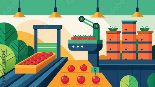 An illustration of an automated sorting system within a smart storage facility separating crops based on riss and quality.. Vector illustration