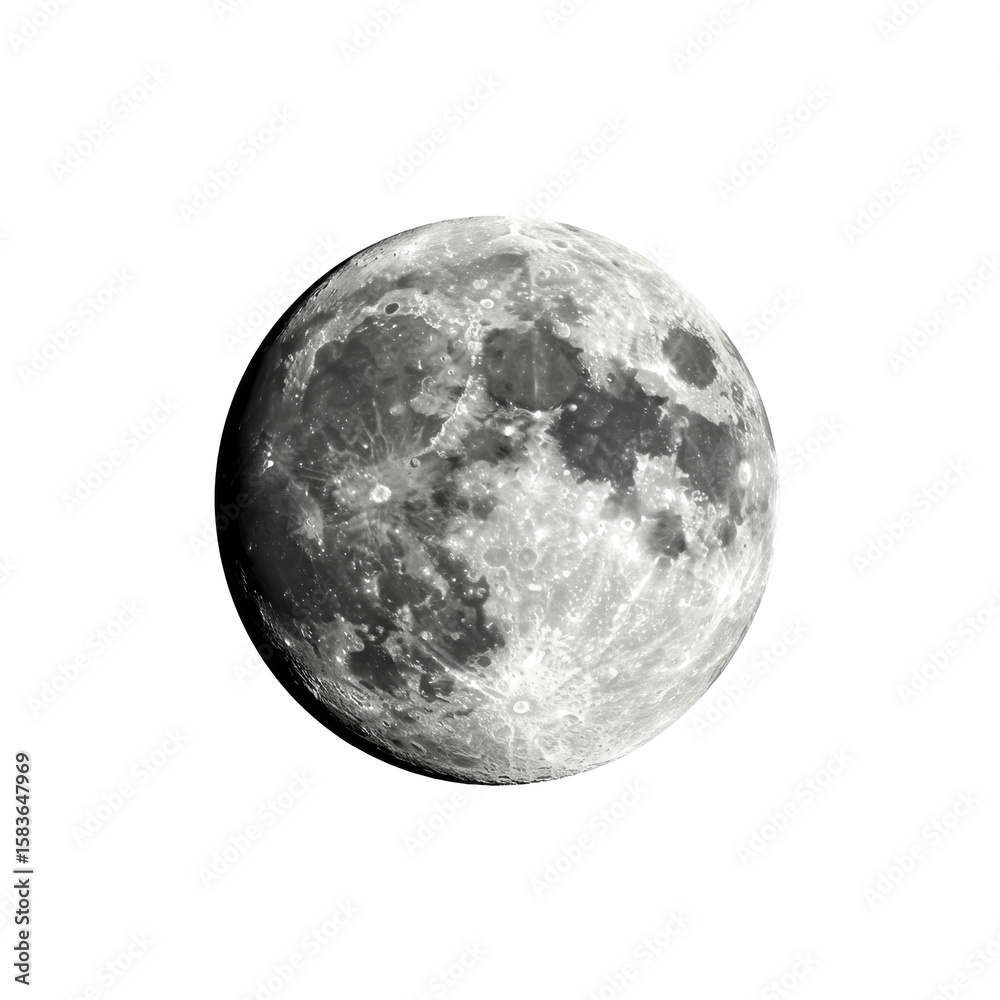 Naklejka premium Ultra-realistic extreme close-up of a waxing gibbous moon, highly detailed lunar surface with various craters and textures, isolated on a transparent background, scientific depiction concept