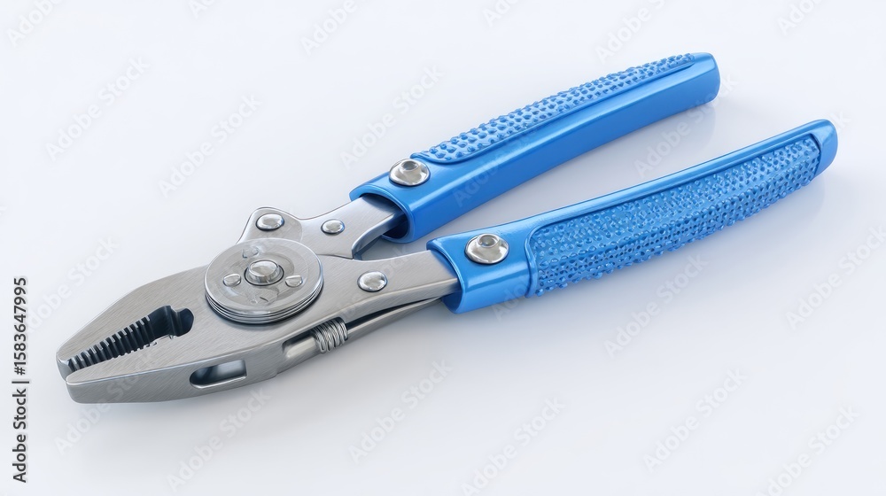 Fototapeta premium Shiny metal pliers with blue textured handles lie on a clean white surface under bright studio lighting