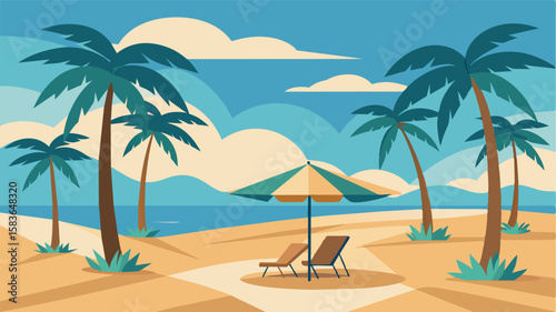 Shaded by swaying palm trees a sandy beach doubles as a relaxed outdoor workspace for freelance professionals.. Vector illustration