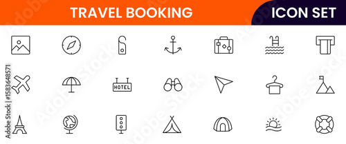 Travel Booking vector web line icon collection, sleek illustrations of tickets, maps, luggage, planes for seamless, adventurous designs.