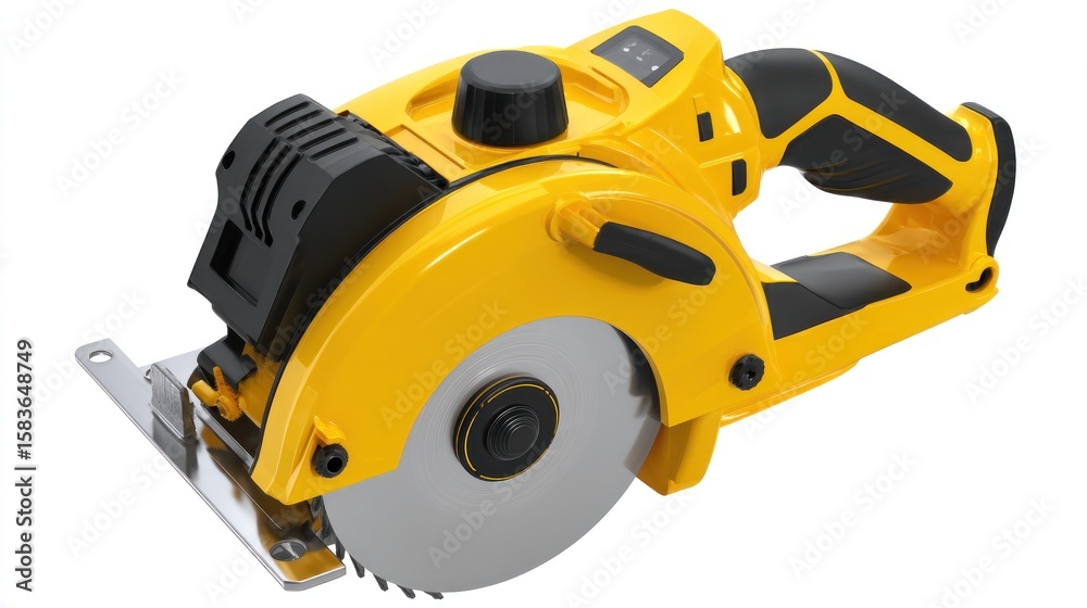 Fototapeta premium A bright yellow and black electric circular saw, showing a spinning blade, ergonomic handle, and protective features