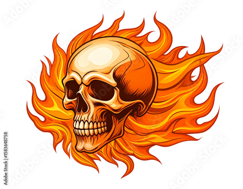 Skull and Gentle Flame Graphic for Trendy T-Shirt Design, transparent background.