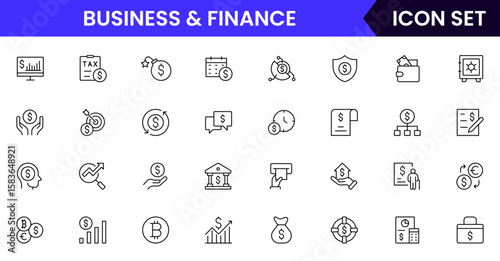 Business and Finance vector web line icon collection, sleek illustrations of budgets, savings, wallets, investments for smart, financial designs.