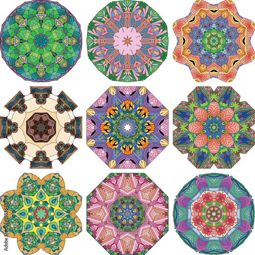 Set of colorful cute Mandalas. Decorative unusual round ornaments.